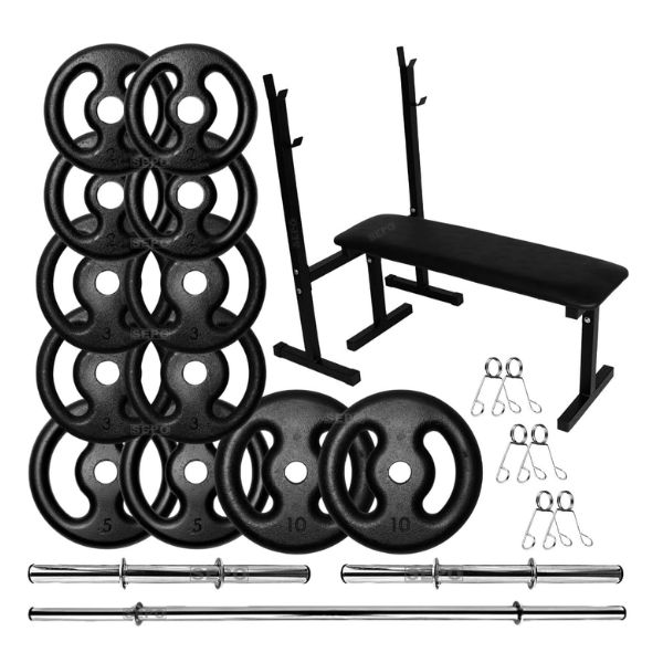 Kit Musculação 50Kg Anilhas com Barras de 40cm e 1,50m + Banco para Supino